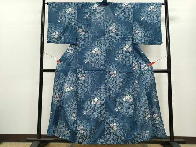 平和屋着物＊夏物 小紋 絽 麻の葉草花文 洗える着物 CABB9780ze