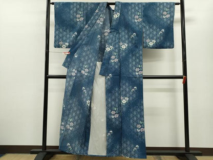 平和屋着物＊夏物 小紋 絽 麻の葉草花文 洗える着物 CABB9780ze