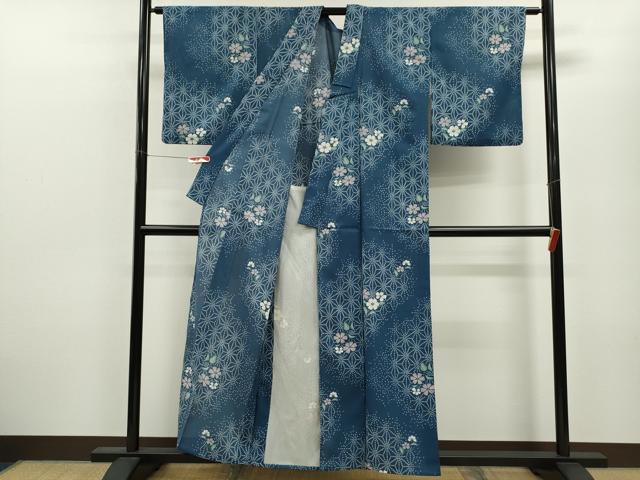 平和屋着物＊夏物 小紋 絽 麻の葉草花文 洗える着物 CABB9780ze
