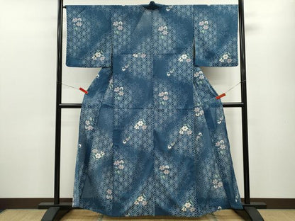 平和屋着物＊夏物 小紋 絽 麻の葉草花文 洗える着物 CABB9782ze