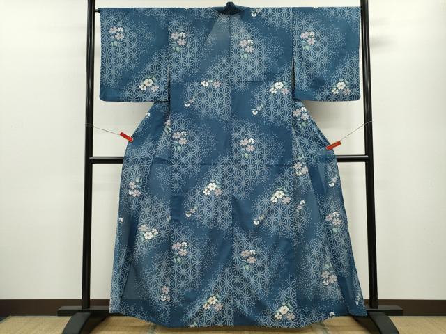 平和屋着物＊夏物 小紋 絽 麻の葉草花文 洗える着物 CABB9782ze