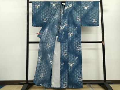 平和屋着物＊夏物 小紋 絽 麻の葉草花文 洗える着物 CABB9782ze