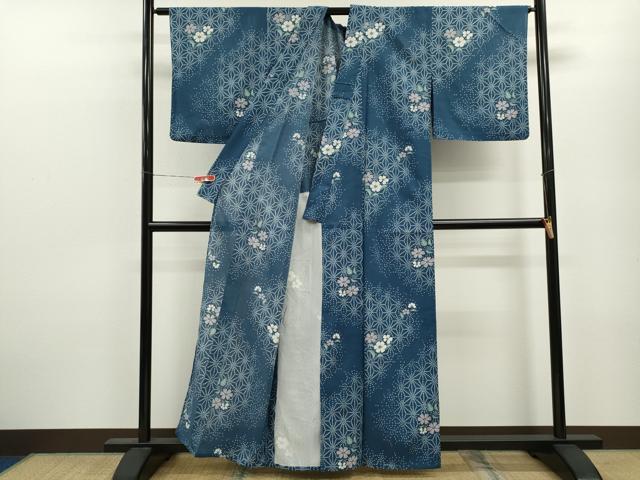平和屋着物＊夏物 小紋 絽 麻の葉草花文 洗える着物 CABB9782ze