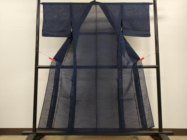 平和屋着物＊夏物 色無地 芝草紋紗 濃藍色 正絹 逸品 CABB9786ze