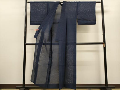 平和屋着物＊夏物 色無地 芝草紋紗 濃藍色 正絹 逸品 CABB9786ze