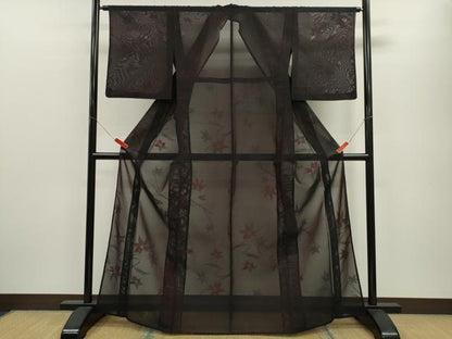 平和屋着物＊夏物 小紋 紗 枝楓文 黒地 正絹 逸品 CABB9790ze