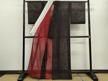 平和屋着物＊夏物 小紋 紗 枝楓文 黒地 正絹 逸品 CABB9790ze