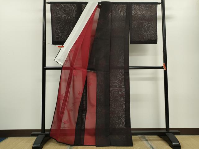 平和屋着物＊夏物 小紋 紗 枝楓文 黒地 正絹 逸品 CABB9790ze