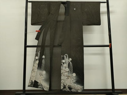 平和屋着物＊夏物 アンティーク 黒留袖 駒刺繍 絽 吉祥千鳥草花丸文 暈し染め 銀糸 正絹 逸品 CABB9800ze