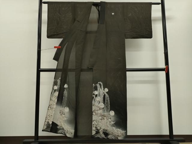平和屋着物＊夏物 アンティーク 黒留袖 駒刺繍 絽 吉祥千鳥草花丸文 暈し染め 銀糸 正絹 逸品 CABB9800ze