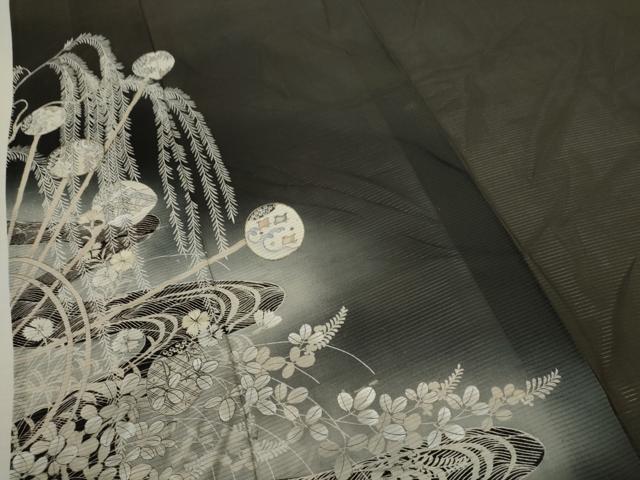 平和屋着物＊夏物 アンティーク 黒留袖 駒刺繍 絽 吉祥千鳥草花丸文 暈し染め 銀糸 正絹 逸品 CABB9800ze