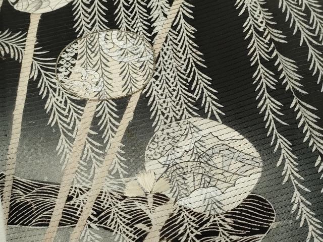 平和屋着物＊夏物 アンティーク 黒留袖 駒刺繍 絽 吉祥千鳥草花丸文 暈し染め 銀糸 正絹 逸品 CABB9800ze