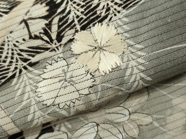 平和屋着物＊夏物 アンティーク 黒留袖 駒刺繍 絽 吉祥千鳥草花丸文 暈し染め 銀糸 正絹 逸品 CABB9800ze