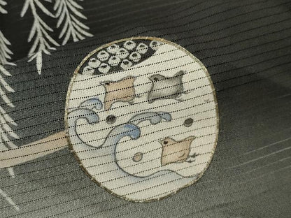 平和屋着物＊夏物 アンティーク 黒留袖 駒刺繍 絽 吉祥千鳥草花丸文 暈し染め 銀糸 正絹 逸品 CABB9800ze