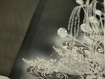 平和屋着物＊夏物 アンティーク 黒留袖 駒刺繍 絽 吉祥千鳥草花丸文 暈し染め 銀糸 正絹 逸品 CABB9800ze