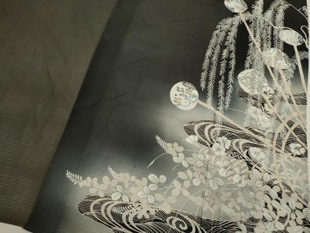 平和屋着物＊夏物 アンティーク 黒留袖 駒刺繍 絽 吉祥千鳥草花丸文 暈し染め 銀糸 正絹 逸品 CABB9800ze