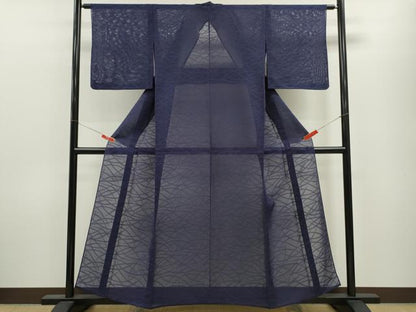 平和屋着物＊夏物 色無地 芝草紋紗 紺藍色 正絹 逸品 CABB9807ze