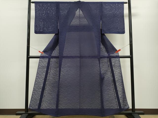 平和屋着物＊夏物 色無地 芝草紋紗 紺藍色 正絹 逸品 CABB9807ze
