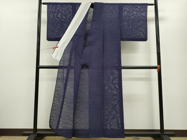 平和屋着物＊夏物 色無地 芝草紋紗 紺藍色 正絹 逸品 CABB9807ze