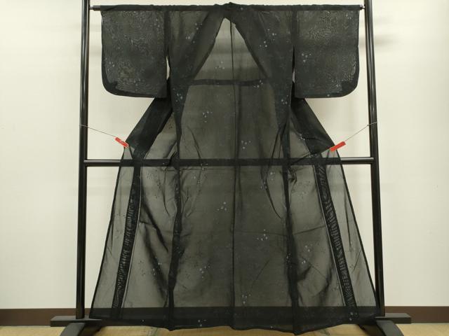 平和屋着物＊夏物 小紋 紗 枝花文 黒地 金彩 正絹 逸品 CABB9810ze