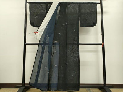 平和屋着物＊夏物 小紋 紗 枝花文 黒地 金彩 正絹 逸品 CABB9810ze