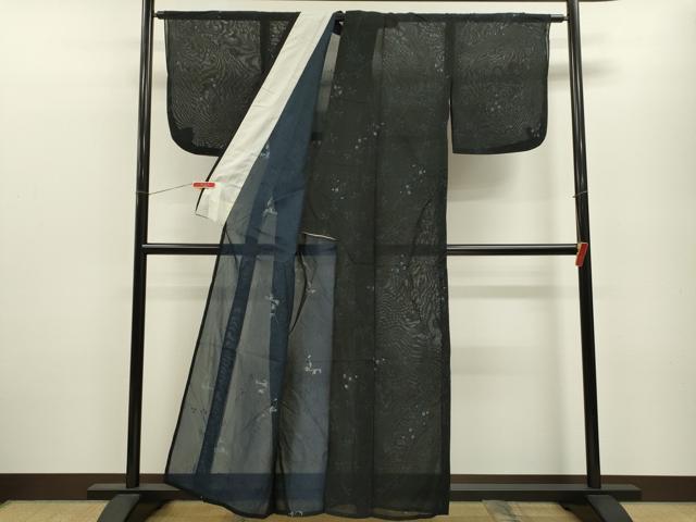 平和屋着物＊夏物 小紋 紗 枝花文 黒地 金彩 正絹 逸品 CABB9810ze