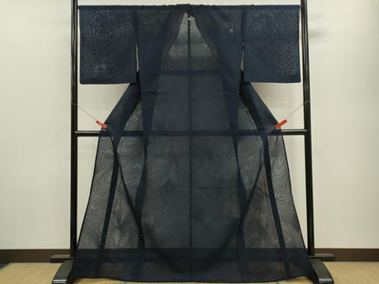 平和屋着物＊夏物 色無地 絽 舞蝶紋紗 濃藍色 正絹 逸品 CABB9811ze
