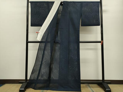 平和屋着物＊夏物 色無地 絽 舞蝶紋紗 濃藍色 正絹 逸品 CABB9811ze