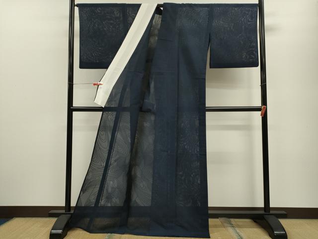 平和屋着物＊夏物 色無地 絽 舞蝶紋紗 濃藍色 正絹 逸品 CABB9811ze