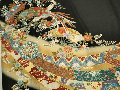 平和屋着物＊夏物　黒留袖　絽　鳳凰扇面吉祥花唐草文　暈し染め　金彩　正絹　逸品　CABB9819ze