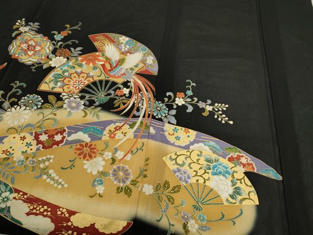 平和屋着物＊夏物　黒留袖　絽　鳳凰扇面吉祥花唐草文　暈し染め　金彩　正絹　逸品　CABB9819ze