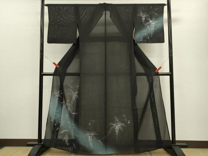 平和屋着物＊夏物 訪問着 絽 藤 暈し染め 黒地 金銀彩 正絹 逸品 CABB9828ze