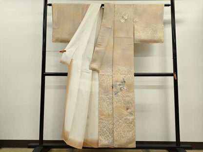 平和屋着物▼訪問着 刺繍 枝花文 暈し染め 銀糸 正絹 逸品 CABB9851ze