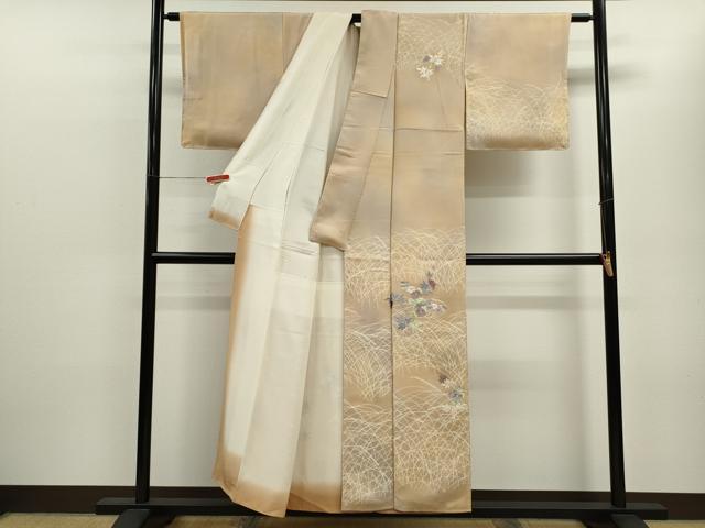 平和屋着物▼訪問着 刺繍 枝花文 暈し染め 銀糸 正絹 逸品 CABB9851ze