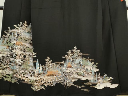 平和屋着物■豪華黒留袖　松竹梅風景文　金彩　正絹　逸品　CABB9923ze
