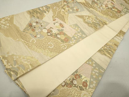 平和屋着物◎六通柄袋帯　色紙道長四季の彩文　金糸　正絹　逸品　CABB9960ze