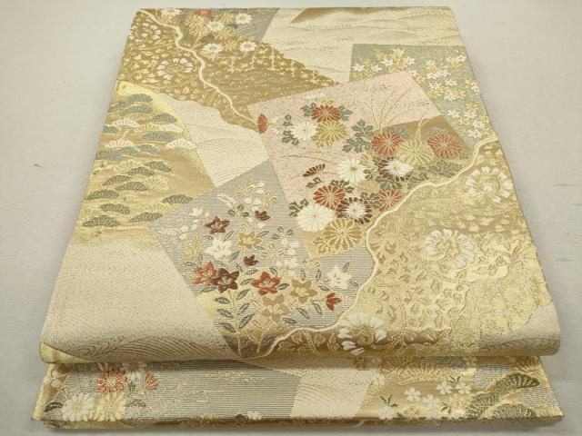平和屋着物◎六通柄袋帯　色紙道長四季の彩文　金糸　正絹　逸品　CABB9960ze