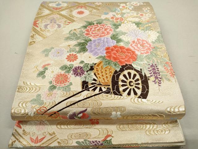 平和屋着物◎六通柄袋帯　唐織　九百錦　裂取花車文様　金糸　正絹　逸品　CABB9987ze