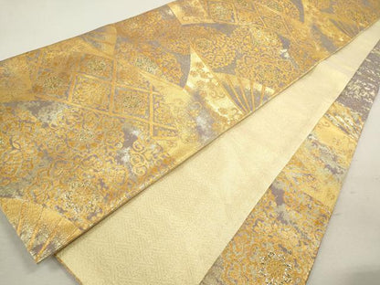平和屋着物◎佐賀錦 六通柄袋帯 扇面花唐草文 金糸 正絹 逸品 CABB9991ze
