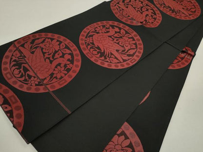 平和屋着物◎六通柄袋帯　花鳥丸文　黒地　正絹　逸品　CABB9994ze