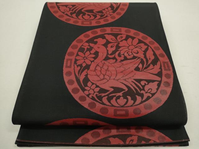 平和屋着物◎六通柄袋帯　花鳥丸文　黒地　正絹　逸品　CABB9994ze