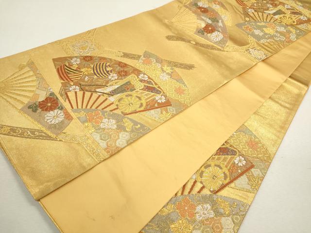 平和屋着物◎六通柄袋帯　唐織　扇面御所車吉祥花文　金糸　正絹　逸品　CABB9996ze