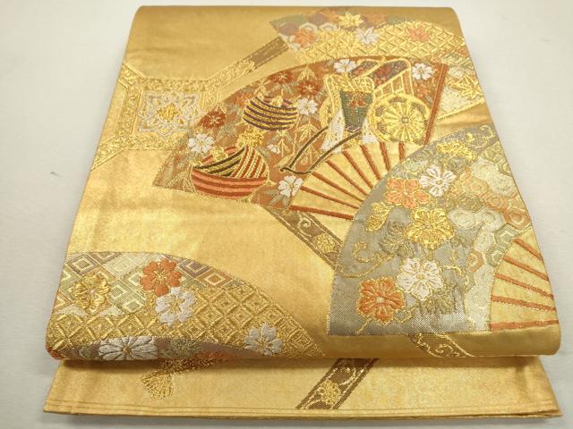 平和屋着物◎六通柄袋帯　唐織　扇面御所車吉祥花文　金糸　正絹　逸品　CABB9996ze