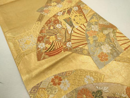 平和屋着物◎六通柄袋帯　唐織　扇面御所車吉祥花文　金糸　正絹　逸品　CABB9996ze