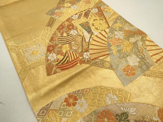 平和屋着物◎六通柄袋帯　唐織　扇面御所車吉祥花文　金糸　正絹　逸品　CABB9996ze
