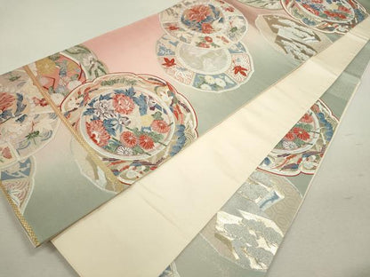 平和屋着物◎六通柄袋帯　唐織　絵皿鳳凰草花文　金銀糸　正絹　逸品　CABB9997ze