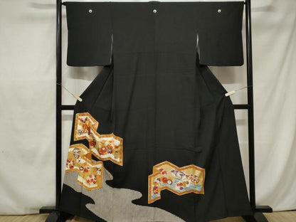 平和屋着物■豪華黒留袖 駒刺繍 屏風草花文 暈し染め 金彩 正絹 逸品 CABC0026ev