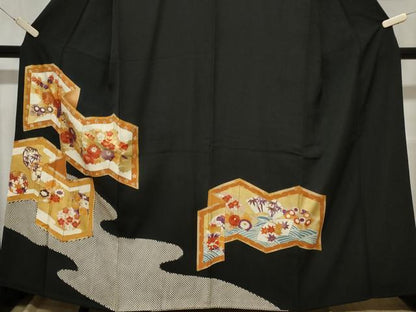 平和屋着物■豪華黒留袖 駒刺繍 屏風草花文 暈し染め 金彩 正絹 逸品 CABC0026ev