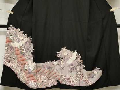 平和屋着物■豪華黒留袖　総刺繍　駒刺繍　飛鶴渡り橋花文　正絹　逸品　CABC0045ev