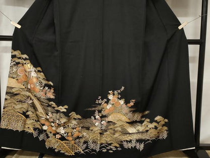 平和屋着物■豪華黒留袖 御所車流水花文 金彩 正絹 逸品 CABC0048ev